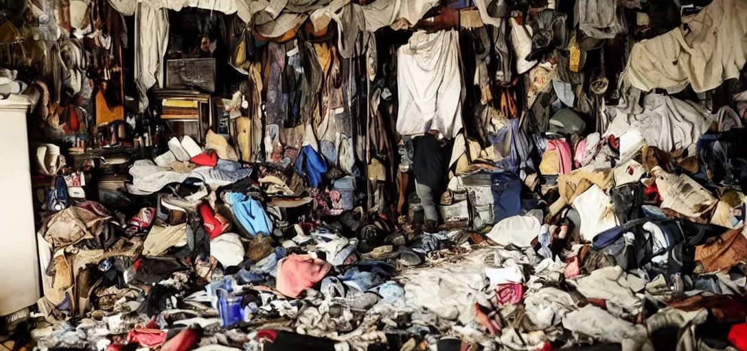 Image similar to a teenage boy at his back entering in a hoarder's room, dark atmosphere