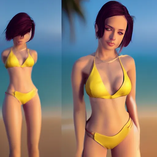 Prompt: real life photo of a beautiful girl, full body photoshoot, short yellow black hair, golden watery eyes, full round face, short smile, pale pink bikini, serene beach setting, cinematic lightning, medium shot, mid - shot, highly detailed, trending on artstation, unreal engine 4 k, 8 0 mm, 8 5 mm, cinematic wallpaper