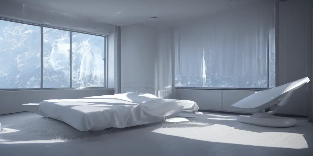 Prompt: a white futuristic bed in a futuristic minimalistic room with a huge window overlooking space, photorealistic, cinematic, octane render