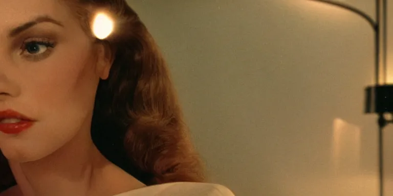 Prompt: photorealistic close up shot Cinematography of a Beautiful woman at night in a mid century modern apartment shot on film at magic hour with the sun shining god rays shining into a large 60's hotel lobby room filled with volumetric haze by the shining Cinematographer john alcott on a cooke panchro 18mm lens .