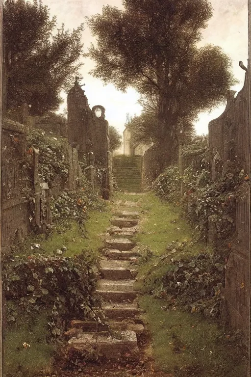 Prompt: english manchester cemetery, path towards church, dark, overgrown, weeds and ivy on the graves, an old twisted tree, a tall stone wall, lawrence alma-tadema