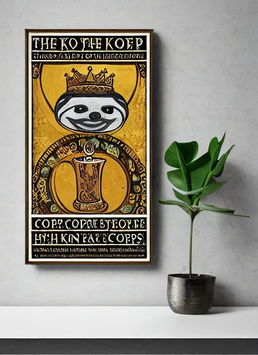 Image similar to sloth as the king of cups, copper cup, coper crown, poster framed, intricate details, medieval art style, high contrast, posterized