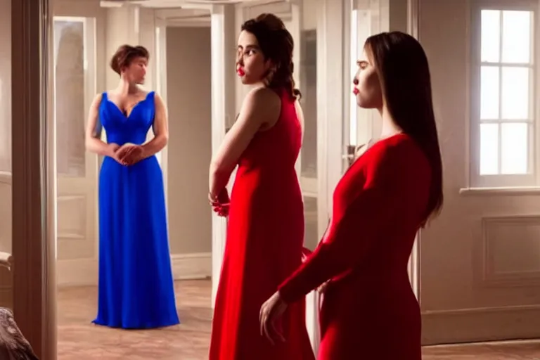 Image similar to full body film still of a man longingly looking at a woman in a red dress as a woman in a blue dress looks dissapointedly at the man in the new romance movie, dramatic angle, dramatic lighting