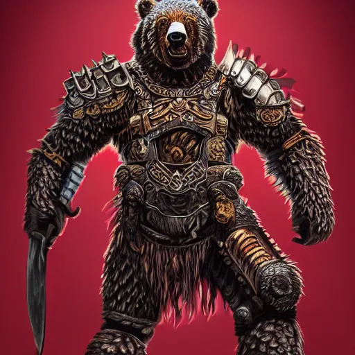 Prompt: Anthropomorphized Roaring Bear in full armor carrying big Axe, full body, menacing pose, concept art, insanely detailed and intricate, hypermaximalist, elegant, ornate, hyper realistic, super detailed, tribal red atmosphere, Art Deco, cinematic, trending on artstation, magic the gathering artwork