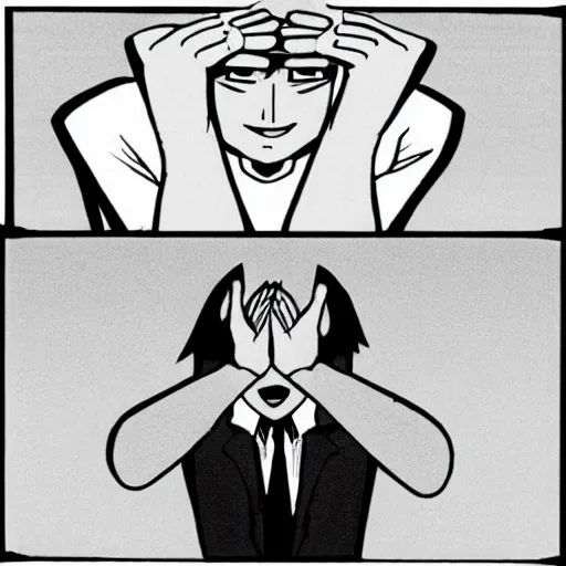 Prompt: a an doing the facepalm gesture as he smiles to himself in cartoon style,