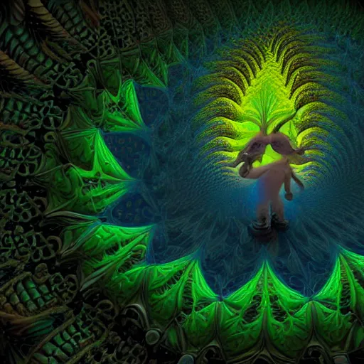 Image similar to a fractal with a goblin in front of it