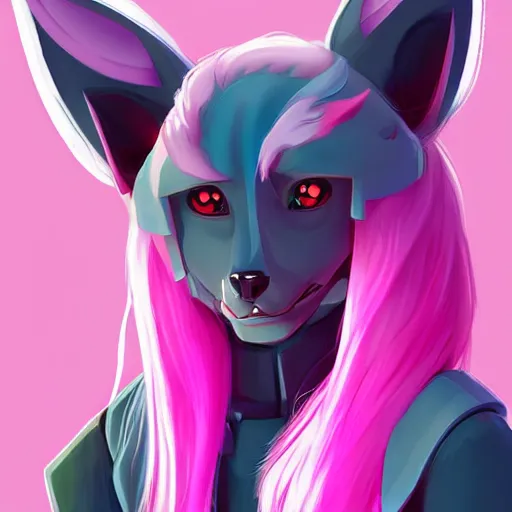 Image similar to digital art artstation, pixiv, portrait of a robotic fox with pink hair, character fursona furry fandom, furaffinity