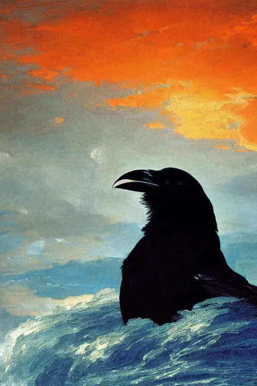 Image similar to a breathtakingly stunningly beautifully highly detailed extreme close up portrait of a raven, a rock arch overhead framing top of shot, epic coves crashing waves plants, beautiful clear harmonious composition, dynamically shot, wonderful strikingly vivid orange beautiful dynamic sunset with epic clouds, detailed organic textures, by frederic leighton and rosetti and turner and eugene von guerard, 4 k