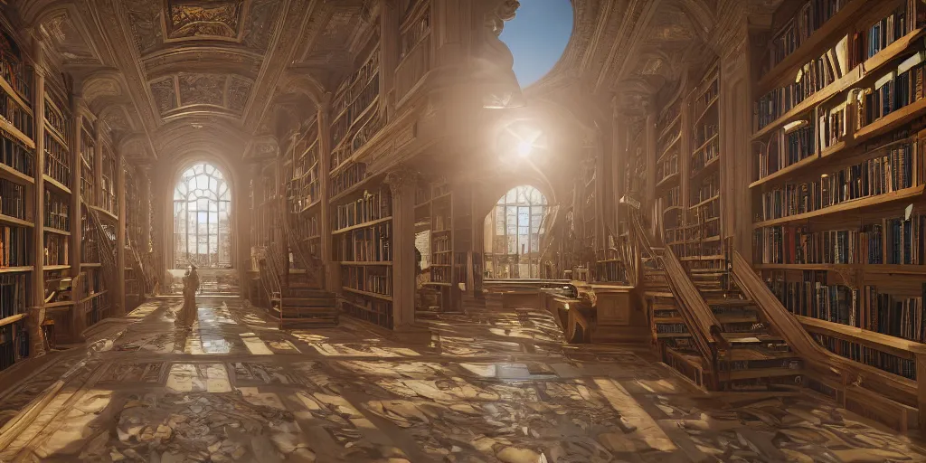 Prompt: indoor scene of a magnificent heavenly bright library, endless hallways and bookshelves, revolving stairs, ultra-wide shot, detailed, trending on artstation, light effect, 8k, unreal engine 5, highly detailed, light effect, rtx on