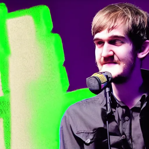 Image similar to bo burnham with a beard living in the future, green lighting