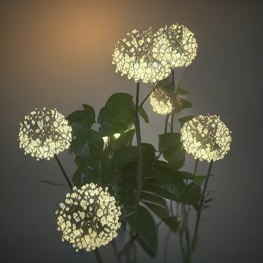 Prompt: Luminescent flower blooming at twilight, realism, photorealism, f 3.5, photography, octane render, highly detailed, vray, volumetric lighting, unreal engine