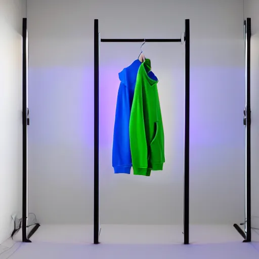 Prompt: an ultra high definition professional studio quality photograph of a transparent iridescent perspex pastel coloured hoodie on white coat hook in an empty white room. dramatic lighting, ray tracing, refraction, shallow d. o. f, colour corrected, golden ratio, three point light. volumetric shadows. god rays.
