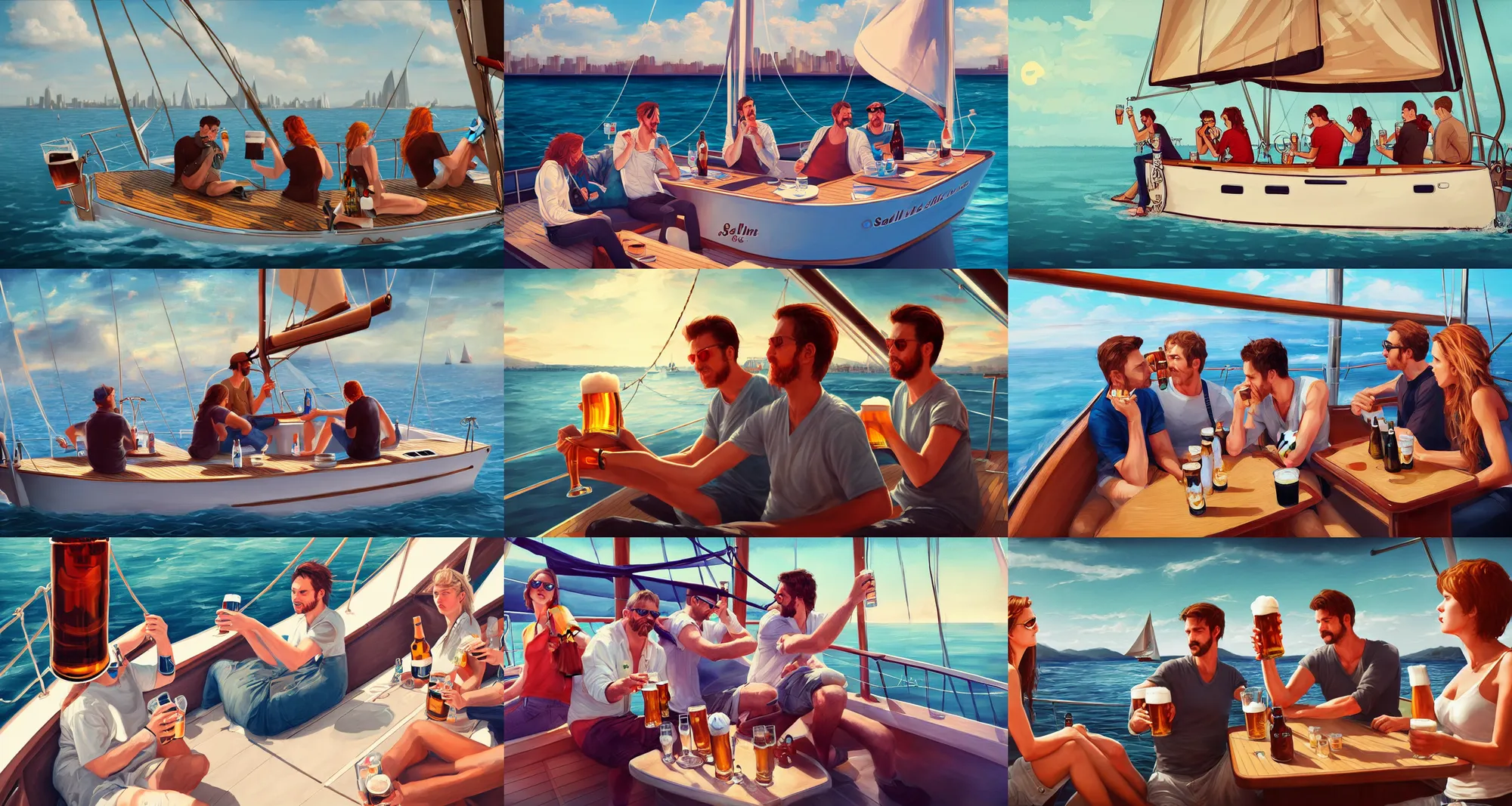 Prompt: people drinking beer on a sailboat, badass look, highly detailed, digital art, artstation, sharp focus