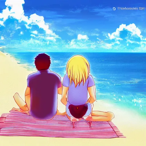 Image similar to an anime couple relaxing on the beach, advanced digital art