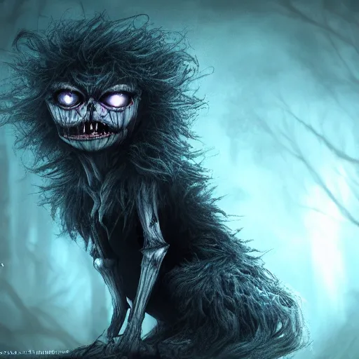 Prompt: full shot portrait of angry cute and fluffy darkness creature at moonlight, inspired by Tim Burton, Norihiro Yagi, Marc Simonetti, Amano, Juri Misaki, Giger, darkness background, hyperdetailed, unreal engine 4k volumetric light, fog,