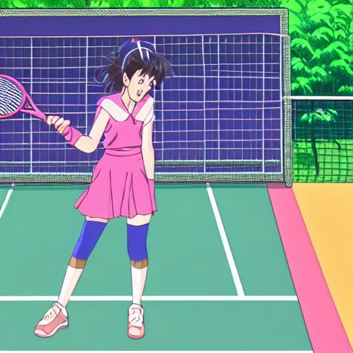 Image similar to girl playing tennis and laughing, sprite, vaporwave nostalgia, directed by beat takeshi, visual novel cg, 8 0 s anime vibe, kimagure orange road, maison ikkoku, initial d, sketch by osamu tezuka, directed by makoto shinkai and beat takeshi