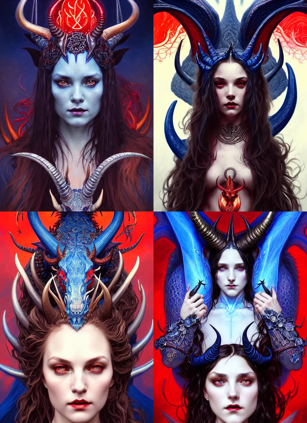 Prompt: a beautiful illustration of a satanic witch with horns in head holding a dragon, intricate, sharp focus, blue and red colours, illustration, highly detailed, digital painting, concept art, matte, art by wlop and artgerm and greg rutkowski and alphonse mucha, masterpiece