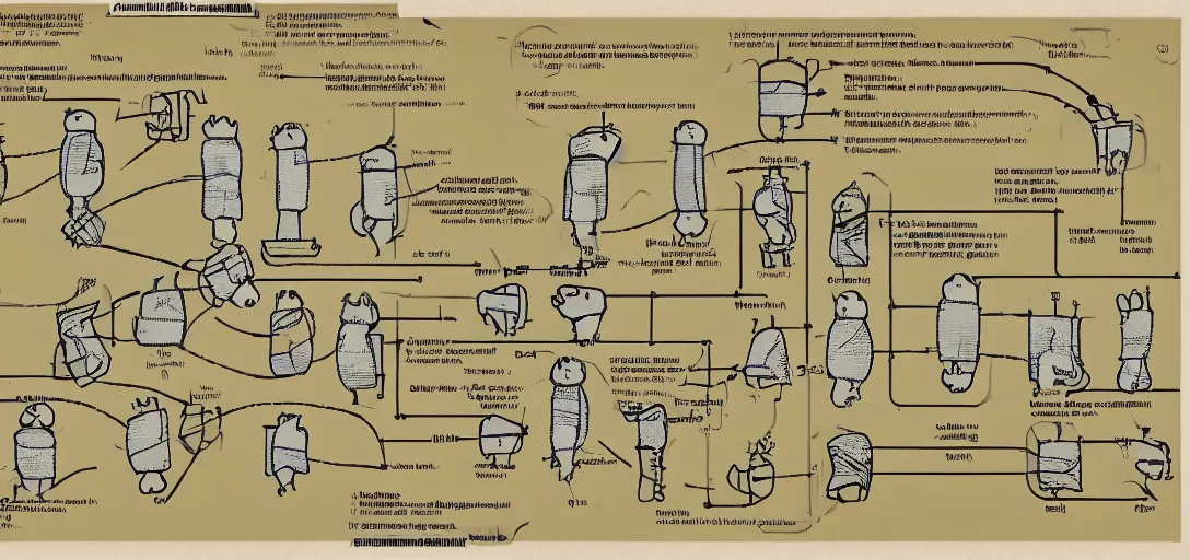 Image similar to Extremely complex instruction manual for a sock puppet, with numerous detailed schematic diagrams.