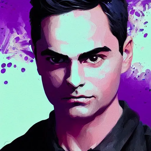 Prompt: Ben Shapiro drinking, purple lighting, purple digital art, trending on artstation, highly detailed, expressive oil painting, by Conrad Roset