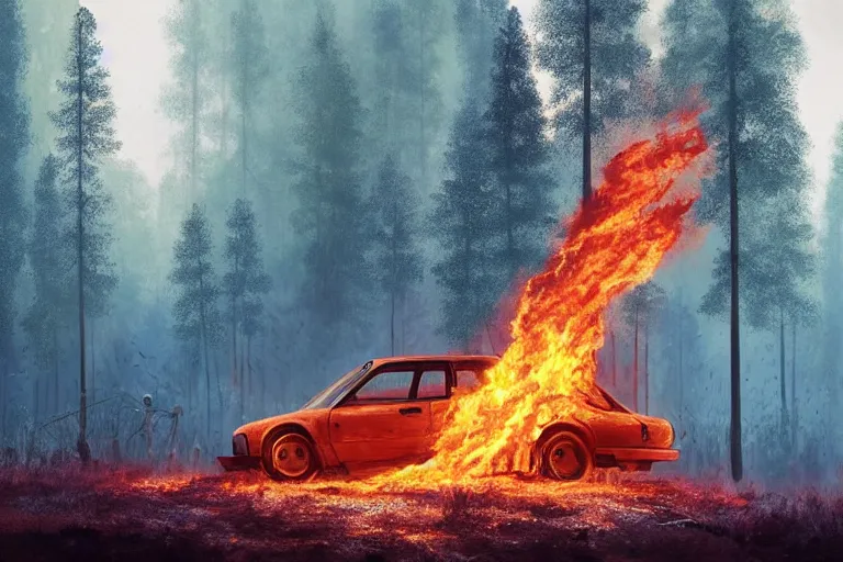 Prompt: burning car standing in a beautiful swedish forest, highly detailed, hyperrealistic, very sharp focus, intricate, soft lighting, wide shot photograph, digital painting by simon stålenhag