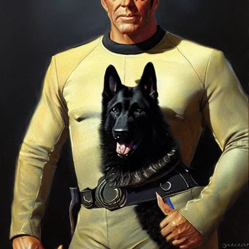 Image similar to a portrait of a manly and muscular and handsome and attractive black german shepherd dogman canine, star trek the next generation. highly detailed painting by gaston bussiere, craig mullins, j. c. leyendecker, furry