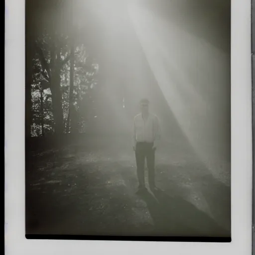 Image similar to wide angle, old polaroid of a man being illuminated by few sun rays, black and white