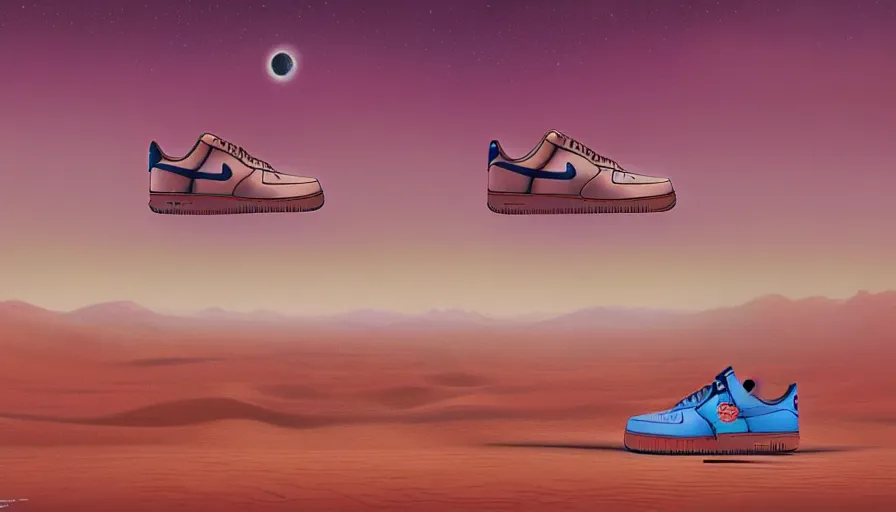Image similar to a beautiful matte painting of nike air force 1 shoe in desert of morocco, simon stalenhag and jakub rozalski and alan bean, trending on artstation, realistic rendering