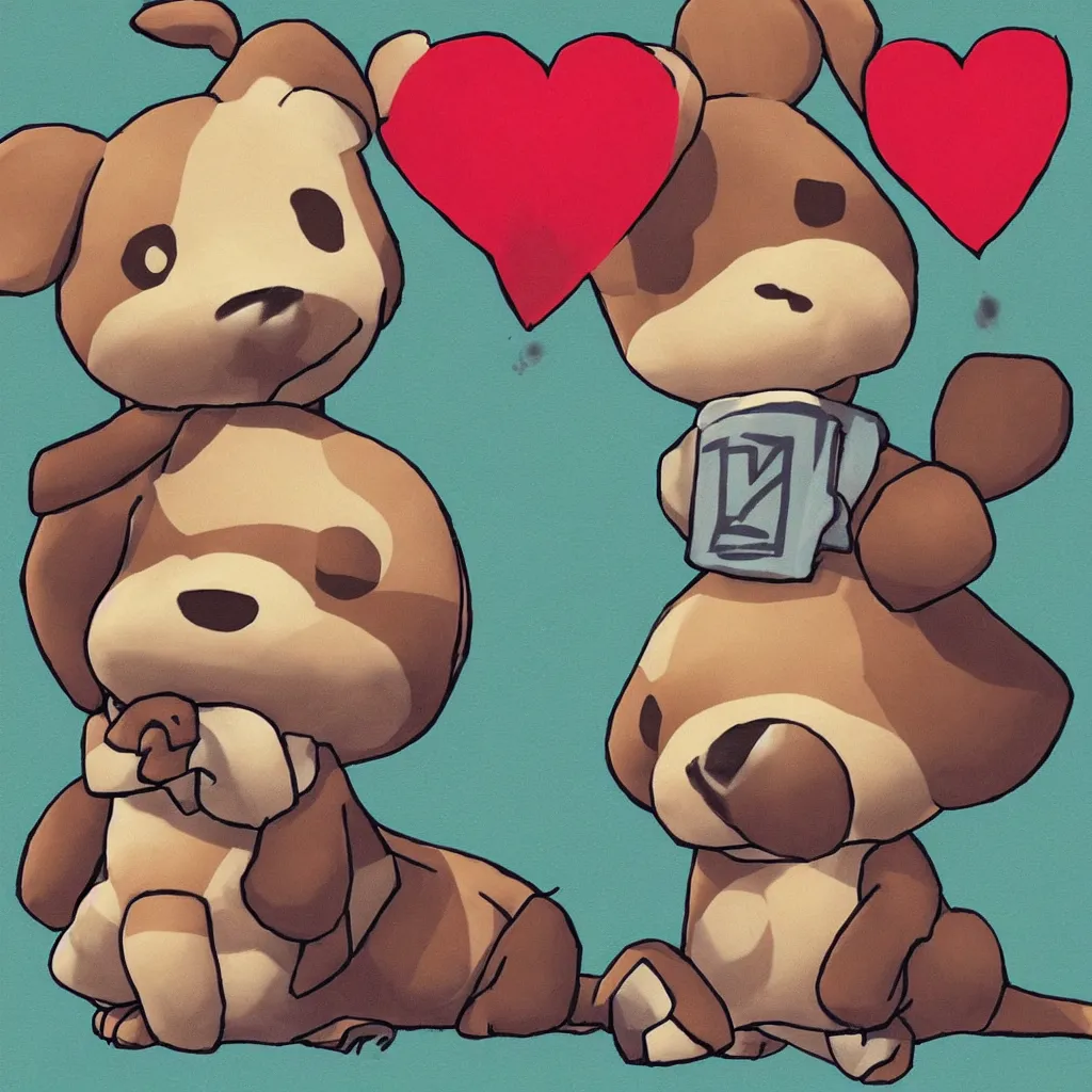 Image similar to character from Animal Crossing saying I love you! with a heart and puppy eyes