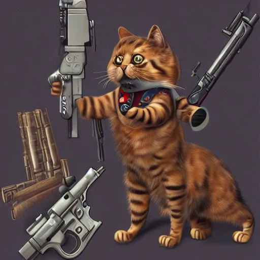 Image similar to photograph of a realistic anthropomorphic cat with lots of guns