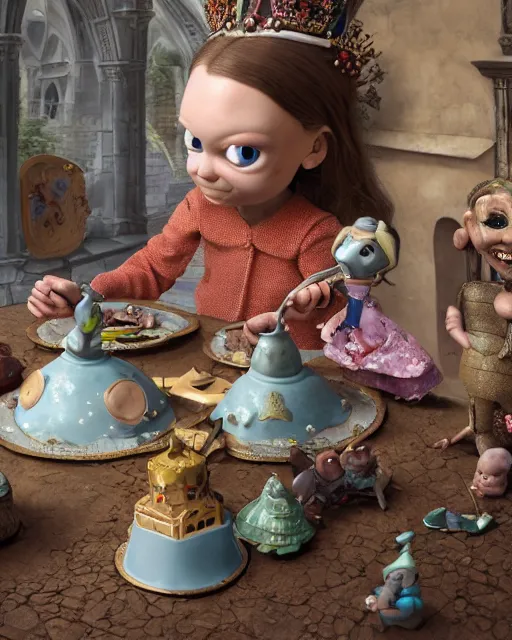 Image similar to highly detailed closeup, face profile portrait of a tin toy greta thunberg as a medieval goblin eating cakes in a castle, bikini, depth of field, nicoletta ceccoli, mark ryden, lostfish, dan decarlo, bob clampett, max fleischer, detailed and intricate environment, 8 k resolution, hyperrealistic, octane render