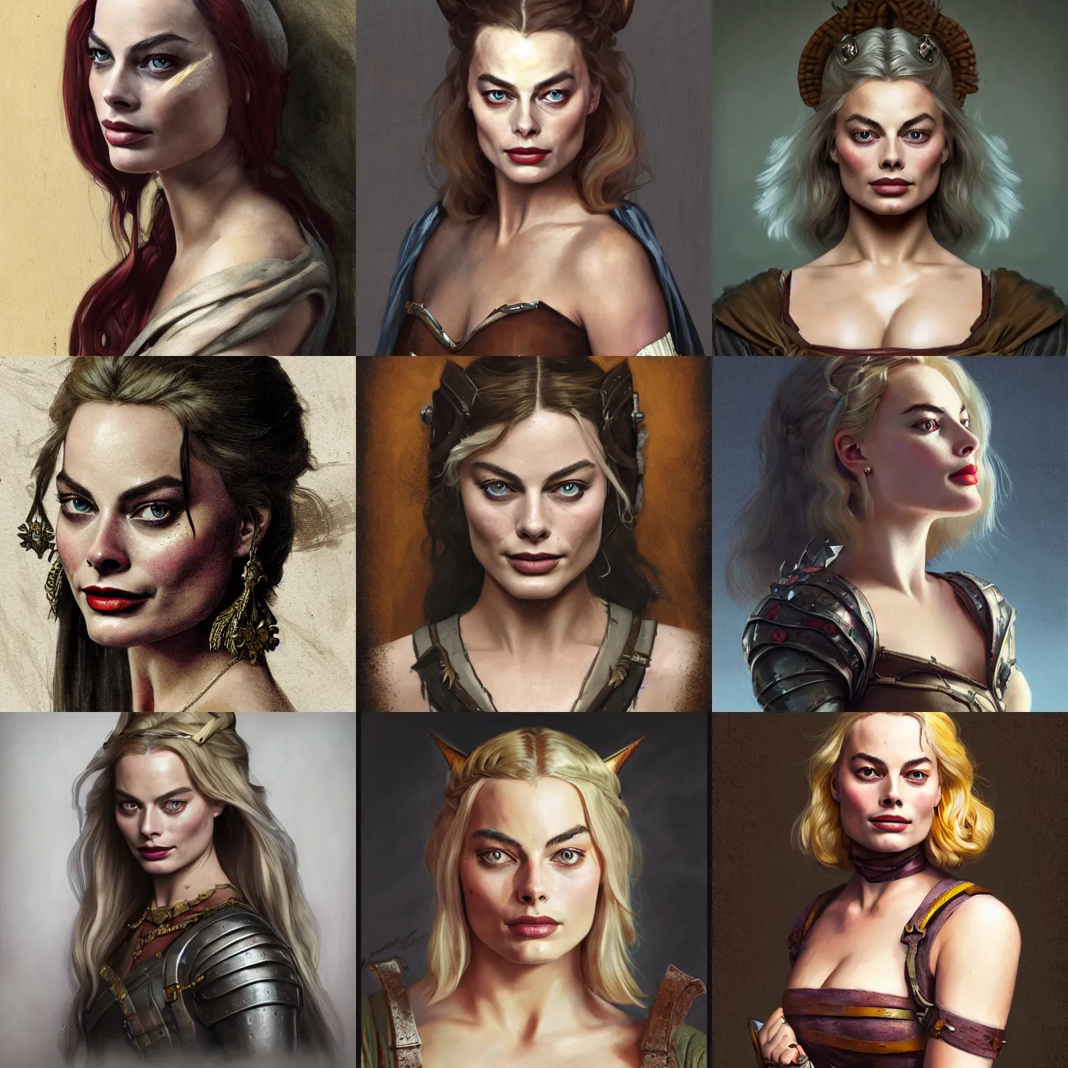 Prompt: Portrait of Margot Robbie, D&D, dark, 14th century, fantasy, portrait, peasant top and skimpy leather armor ,highly detailed, digital painting, daggers, trending on artstation, concept art, sharp focus, illustration, art by artgerm and greg rutkowski and magali villeneuve and Alphonse Mucha and Siraj