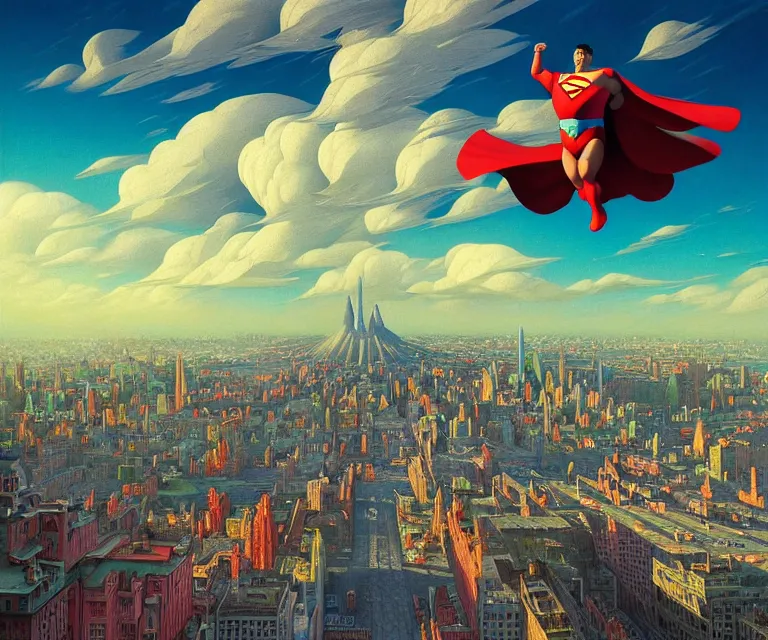 Image similar to hyper detailed 3d render like a Oil painting - mordidly obese superman floating over empty city streets, dramatic sky in background, radiant, depressed sad expression, by Jacek Yerka, Mariusz Lewandowski, Houdini algorithmic generative render, Abstract brush strokes, Masterpiece, Edward Hopper and James Gilleard, Zdzislaw Beksinski, Mark Ryden, Wolfgang Lettl, hints of Yayoi Kasuma, octane render, 8k