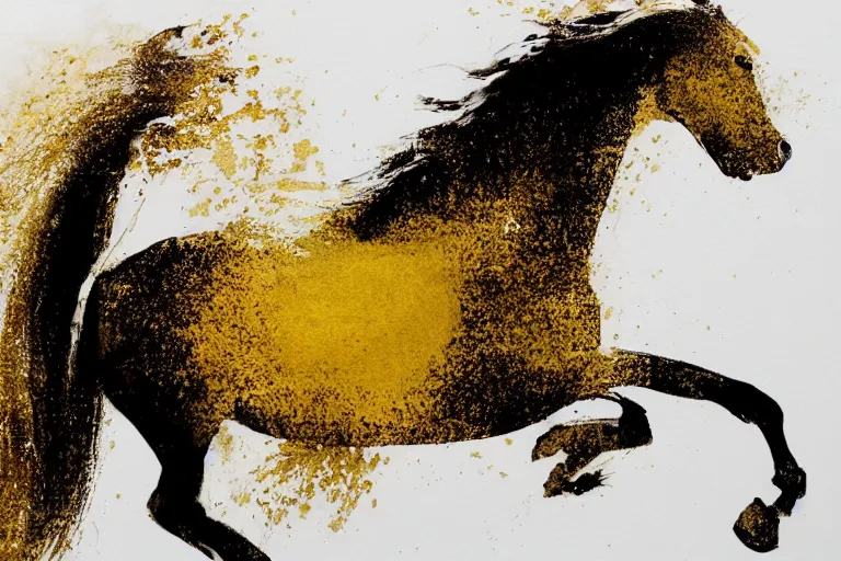 Image similar to beautiful serene horse, healing through motion, minimalistic golden ink aribrush painting on white background