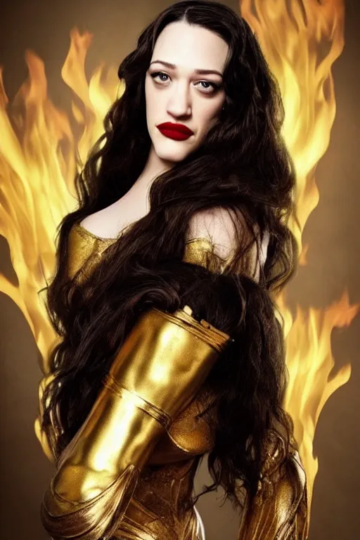 Image similar to Kat Dennings wearing golden mask, hair like fire, muscular, in dark soul