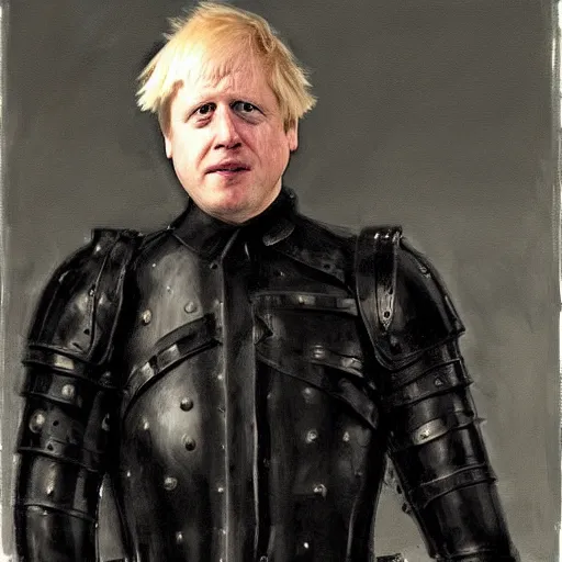 Prompt: close up of boris johnson in full leather armor, cinematographic shot, by daniel f. gerhartz