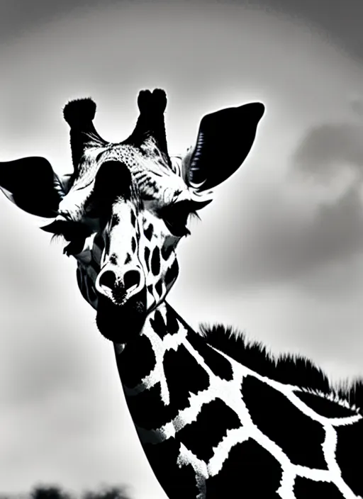 Prompt: giraffe black and white portrait white sky in background