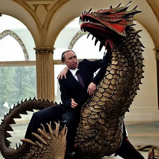 Prompt: Vladimir Putin riding a dragon from Game of Thrones