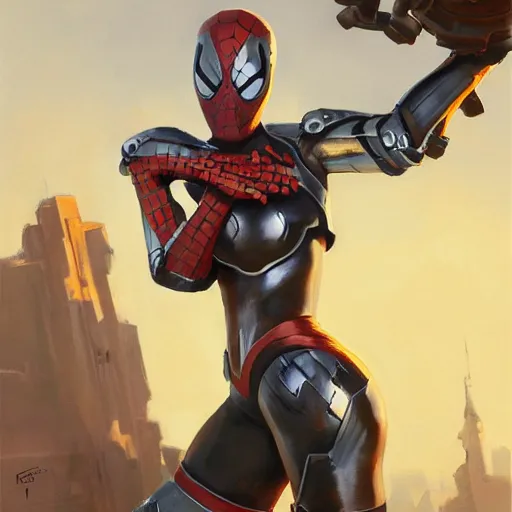 Image similar to greg manchess portrait painting of partially armored female iron spiderman as overwatch character, medium shot, asymmetrical, profile picture, organic painting, sunny day, matte painting, bold shapes, hard edges, street art, trending on artstation, by huang guangjian, gil elvgren, ruan jia, greg rutkowski, gaston bussiere