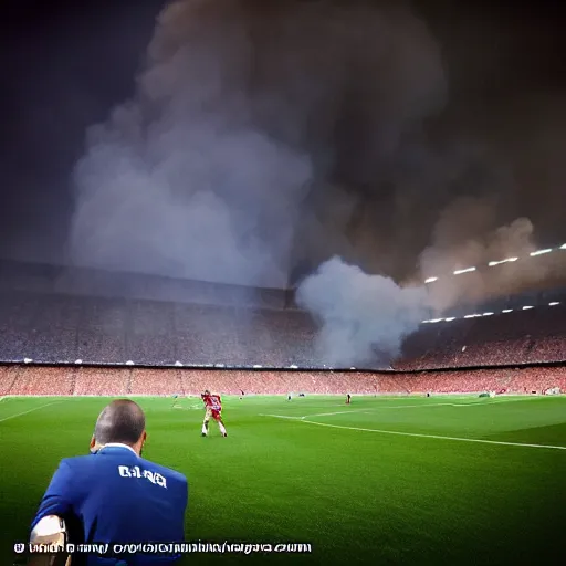 Prompt: high quality photograph, the camp nou burning in the distance, while florentino perez smokes a cigar next to the camera