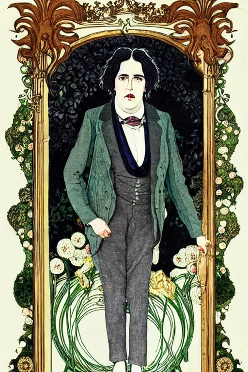 Image similar to realistic portrait of oscar wilde wearing a victorian suit with hands behind his back in the center of an ornate rococo frame of flowers, detailed art by kay nielsen and walter crane, illustration style, watercolor