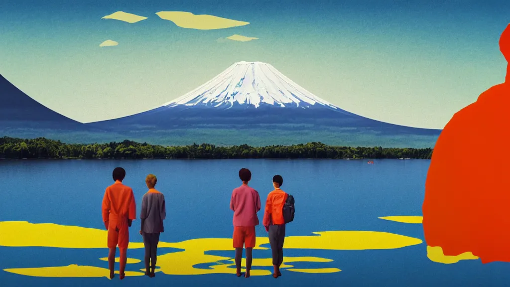 Prompt: a scene of two travellers and their campter touring at yamanaka lake, reflecting mount fuji, japan, a collage painting, in the style of wes anderson, lola dupre, david hockney, isolated on negative white space background dark monochrome neon spraypaint accents volumetric octane render