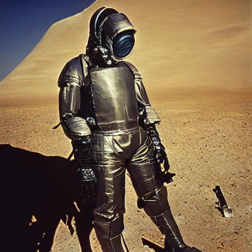 Image similar to a heavily armored man wearing a hazmat suit and gasmask, in the desert, surrealist structures in background, film still, arriflex 3 5