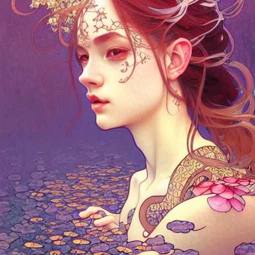 Image similar to Portrait of a girl surrounded by Koi fish, face, fantasy, intricate, elegant, highly detailed, digital painting, artstation, concept art, smooth, sharp focus, illustration, art by Loish and Artem Demura and alphonse mucha