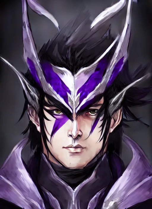 Image similar to Half body portrait of a handsome black haired elven warrior commander in black and purple attire. In style of Yoji Shinkawa and Hyung-tae Kim, trending on ArtStation, dark fantasy, great composition, concept art, highly detailed.