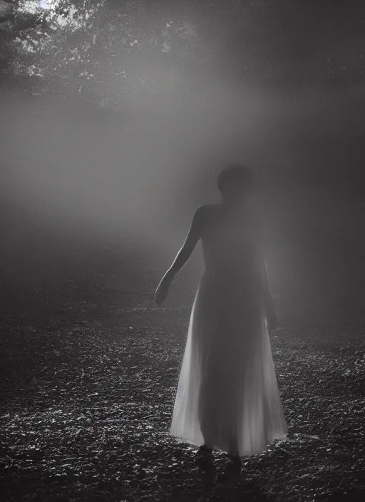 Image similar to a female silhouette, white glowing aura, faint orbs, fog, film grain, cinematic lighting