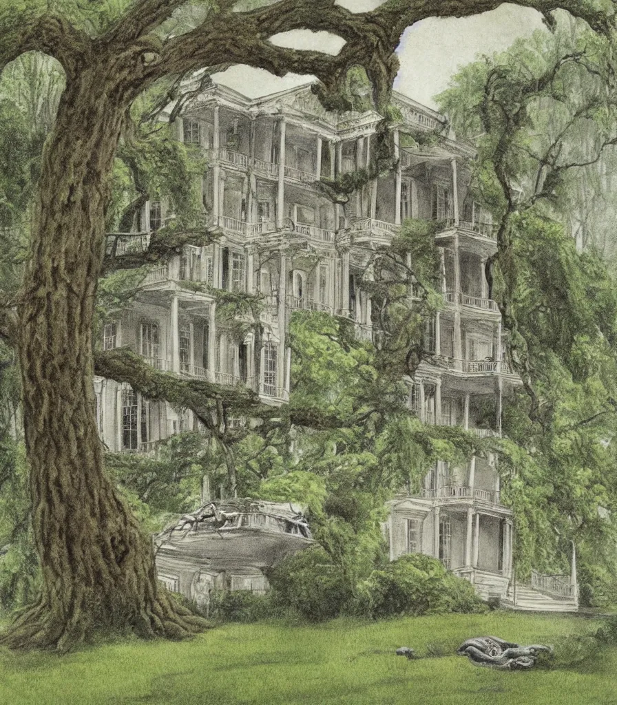 Prompt: southern plantation mansion hanging moss abandoned decay illustration by maurice sendak