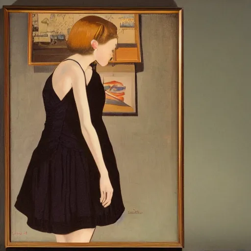 Prompt: paul gustav fischer painting of an clothed anime woman in a dress, direct flash photography at night, film grain