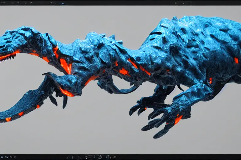 Prompt: cybernetic!! anime dino!!! white blue grey ( orange details ), octane render, studio light,