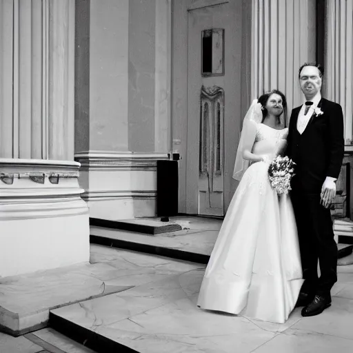 Image similar to cadmus and harmony get married with a small intimate audience at marylebone town hall and david bailey takes the photos, black and white, ilford ilfocolour 400, tlr rolleiflex T, octane render, 4k, realistic
