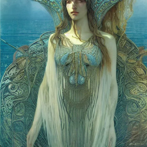 Image similar to queen of atlantis by zdzisław beksinski, alexander mcqueen, gaston bussiere and alphonse mucha. highly detailed, hyper - real, beautiful